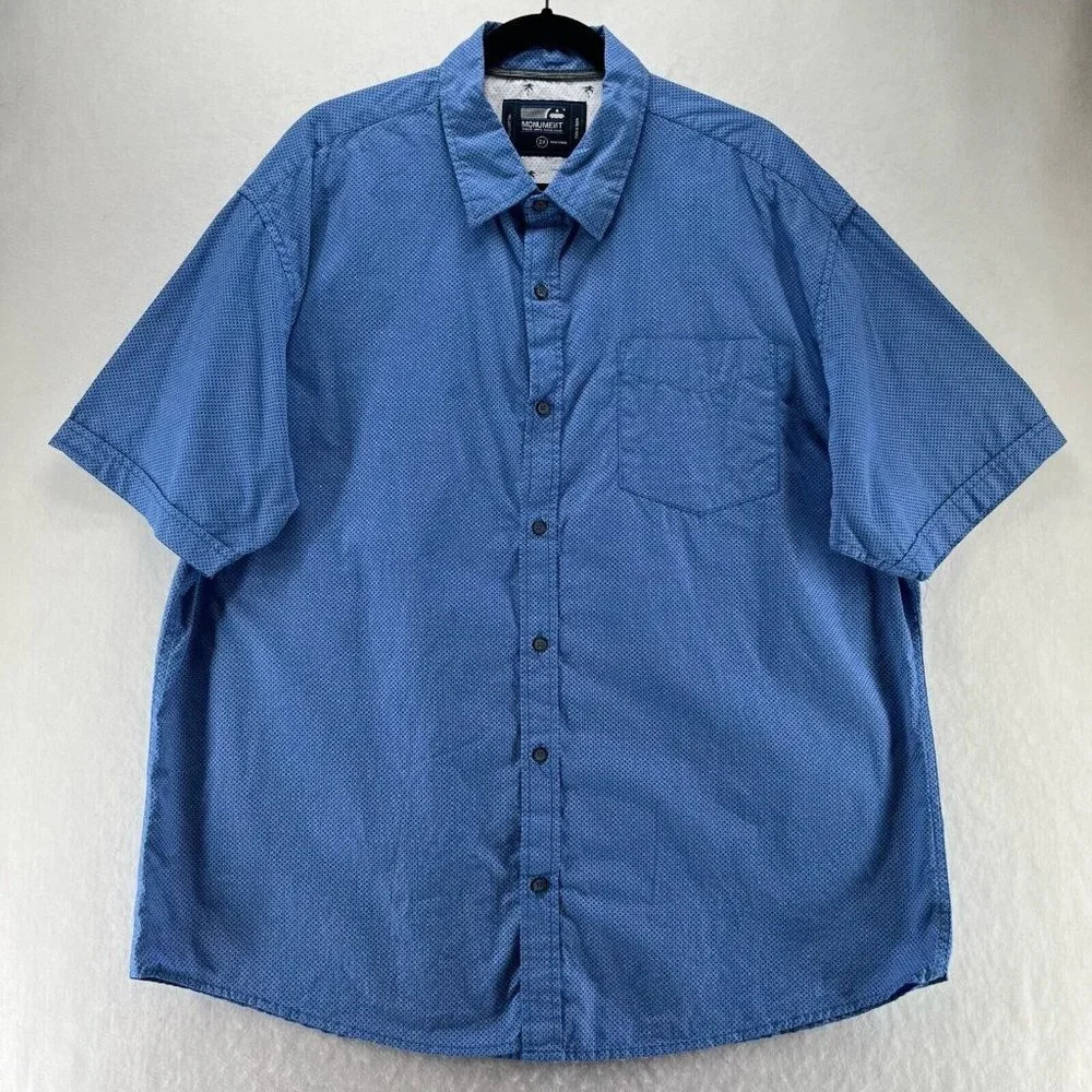 Monument Shirt Mens Sz 2X Printed Check Button Front Short Sleeve Cotton Blue